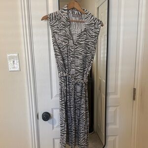 Sleeveless Zebra Print Shirt Dress in Sage Green and White